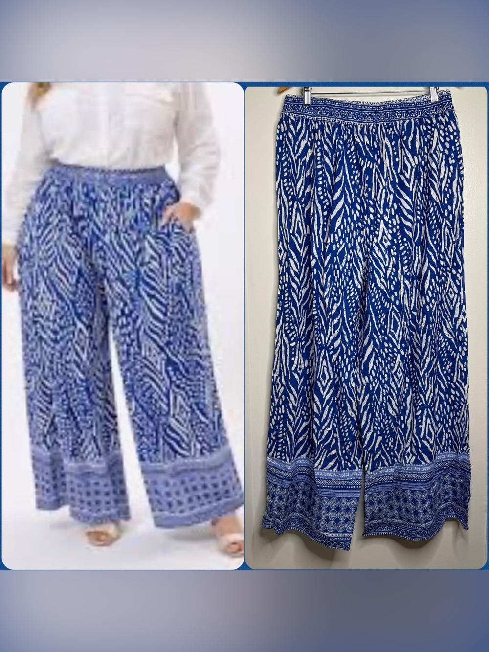 Millenium Wide Leg Pull On Pants Blue White Size 3x Rayon Resortwear Vacation
